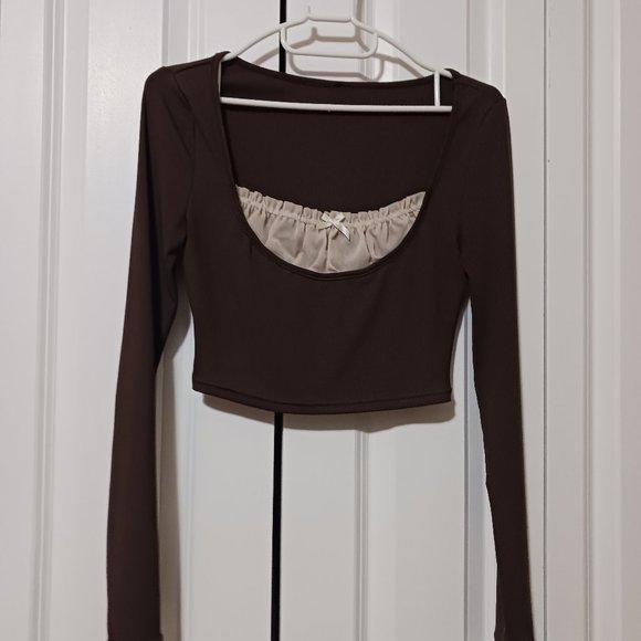 Earth Brown Soft Longsleeve Top with Sheer Ruffled Panel - Picture 3 of 3